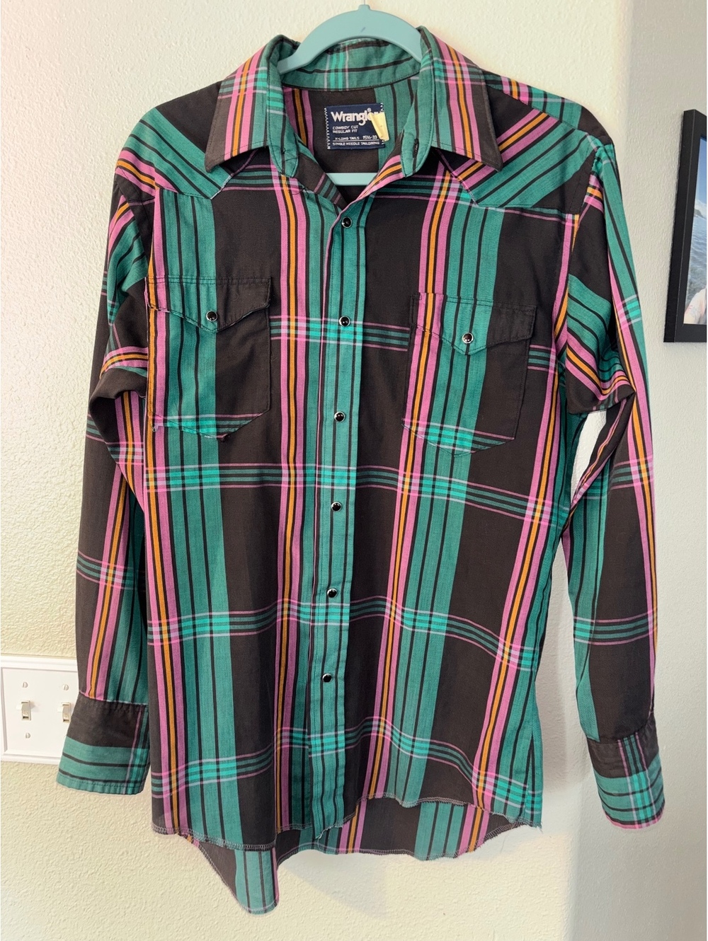 Vintage 90s Wrangler Cowboy Cut Teal Pink Plaid Pearl Snap Western Shirt 15.5